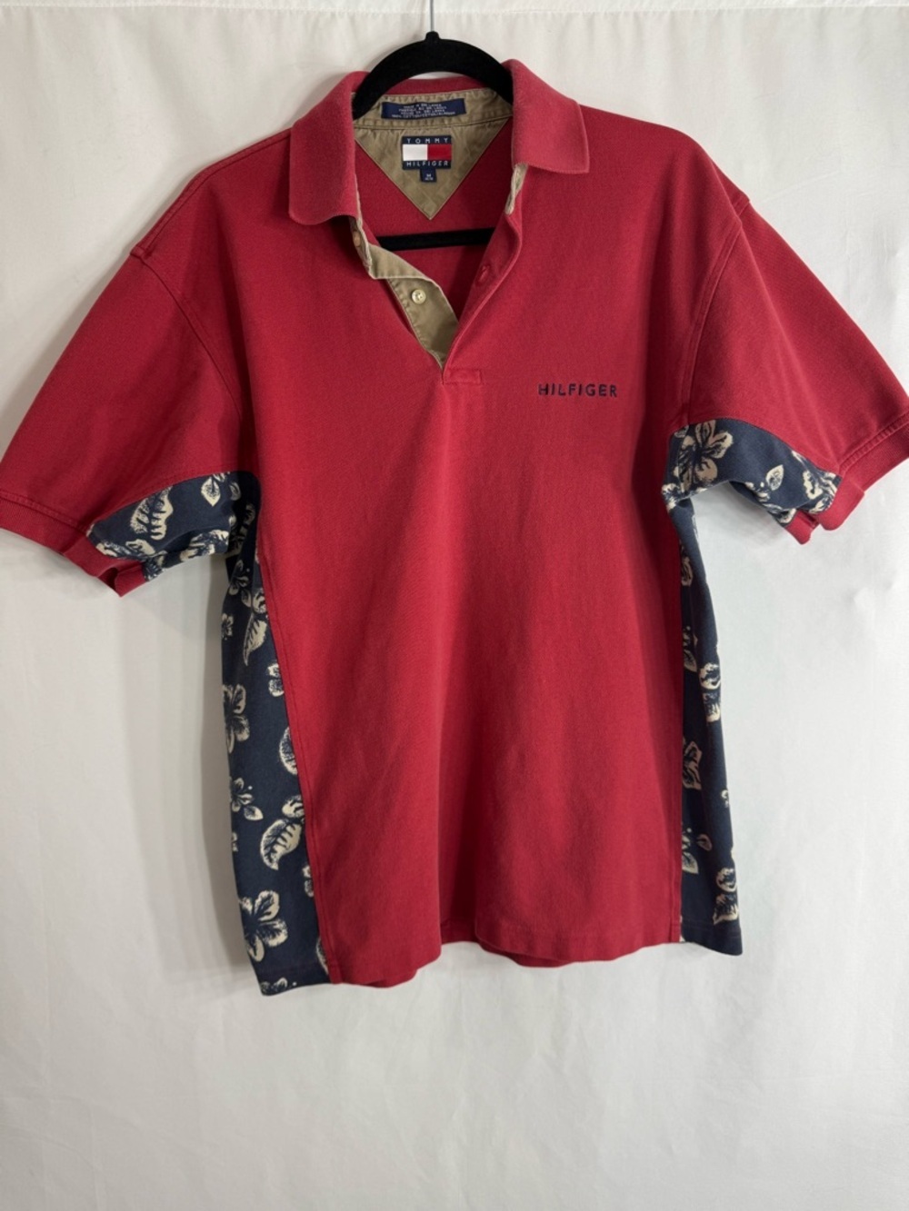 Tommy Hilfiger Vintage Red Polo Floral Side Panels Short Sleeve Cotton Size M